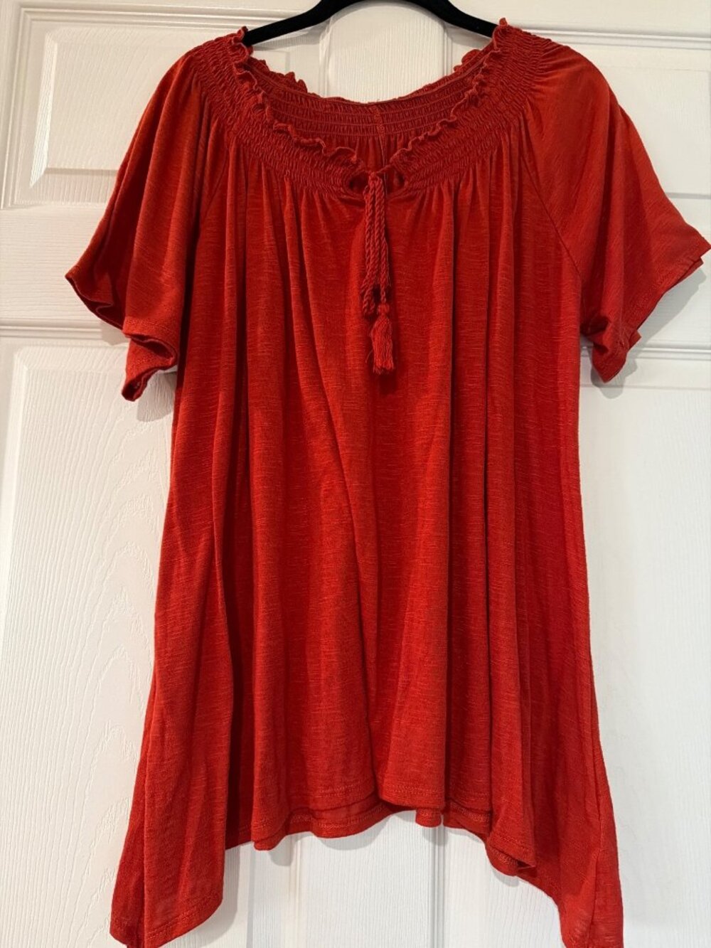 Red Smocked Off-Shoulder Short Sleeve Top With Tassel Tie